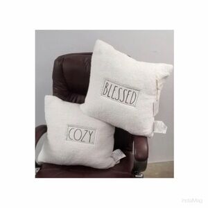 NEW Rae Dunn White Sherpa Throw Pillows Set Blessed & Cozy